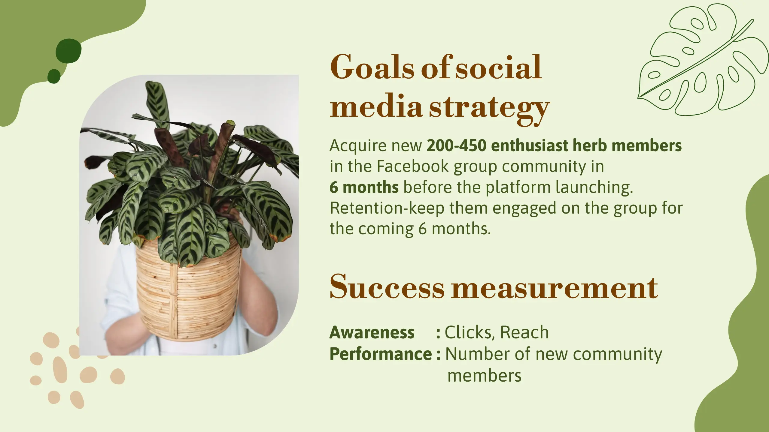 An internal slide of the presentation Women Love Herbs Marketing Strategy Goals